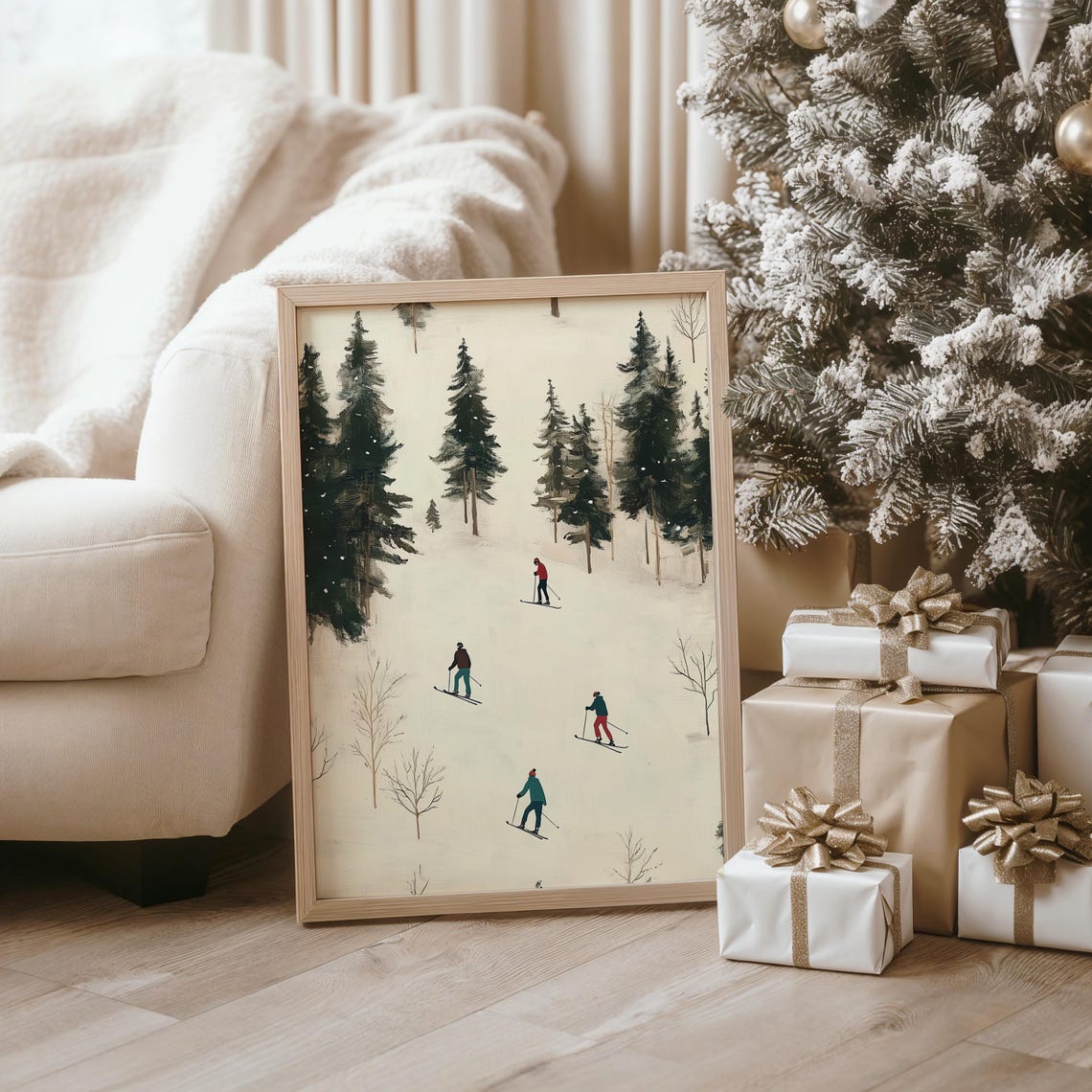 Skiing Landscape Oil Painting Winter Landscape Wall Art Farmhouse Oil Painting Christmas Artwork Holiday Decor Xmas Wall Art - Image 2