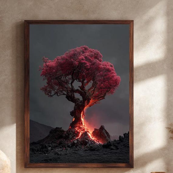 Lava Tree Fantasy Canvas Wall Art Surreal Red Blossom And Volcanic Landscape Print Dramatic Nature Scene Home Decor