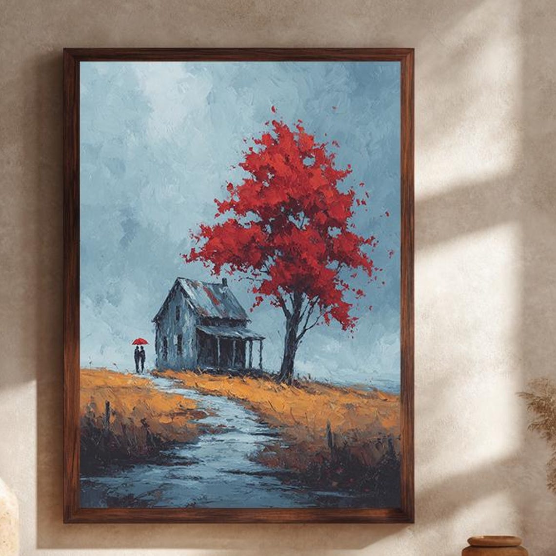 Red Tree and Rustic House Autumn Rain Couple Under Umbrella Art Poster