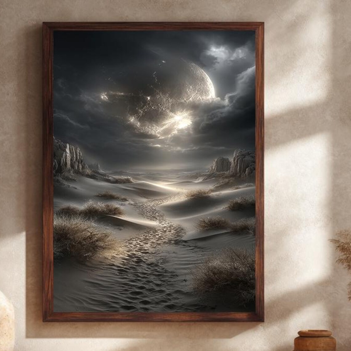 Giant Moon Over Misty Desert Dunes Mystical Night Sky Art Print