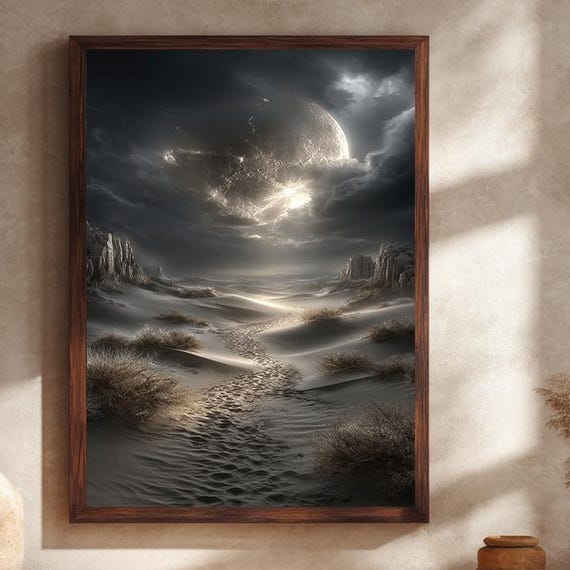 Fantasy Moonlit Desert Canvas Wall Art Dramatic Scifi Landscape With Giant Moon Sand Dunes And Mystical Night Sky