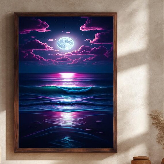 Neon Full Moon Rising Over Pink And Blue Night Ocean Waves Poster
