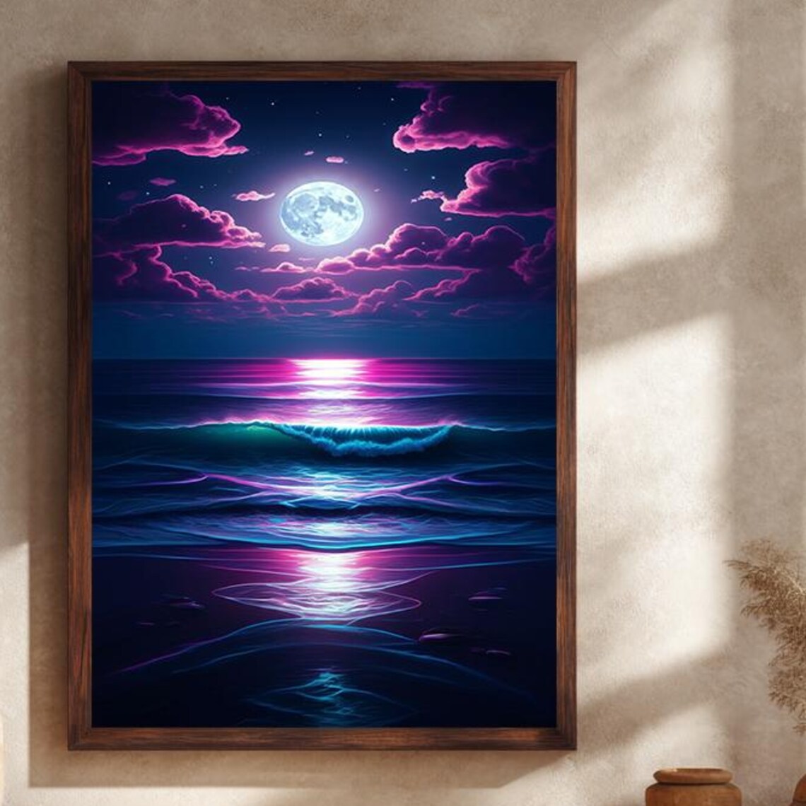 Neon Full Moon Rising Over Pink And Blue Night Ocean Waves Poster