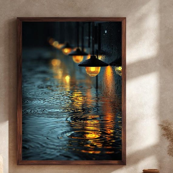Rainy Night Reflection Canvas Wall Art Warm Street Lights Over Water Ripples In Moody Blue And Gold Evening Scene