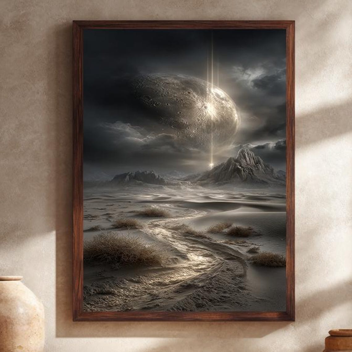 Surreal Giant Moon Over Dark Desert Dunes with a Light Beam Poster