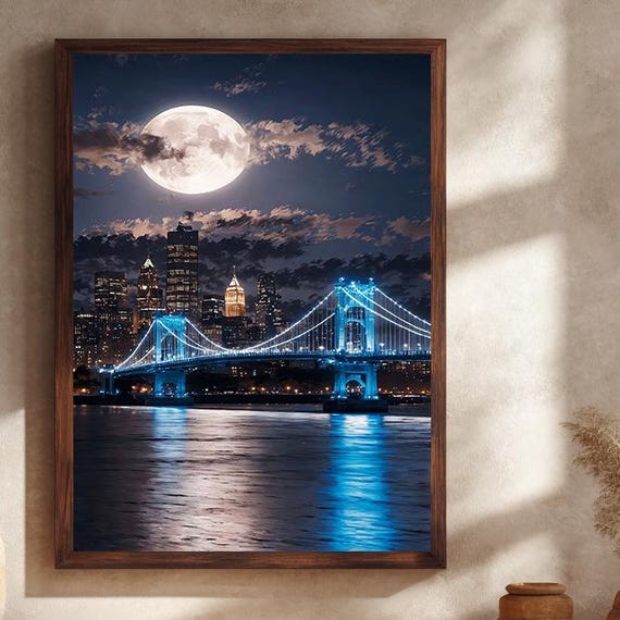 Full Moon Cityscape With Illuminated Bridge Canvas Wall Art Night Skyline Photography Urban Lights Print For Modern Home Decor
