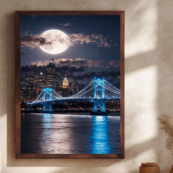 Full Moon Illuminated Suspension Bridge Night Skyline Art Poster
