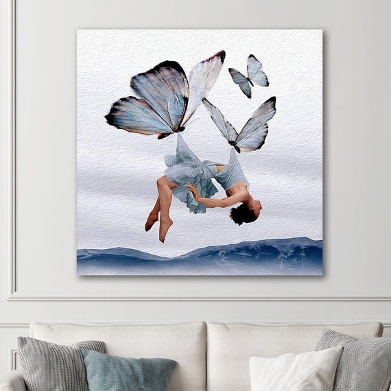 Woman Carried By Butterflies Wall Art Print On Surreal Decor Abstract Art Butterfly Decoration Surrealism Painting Gift Idea