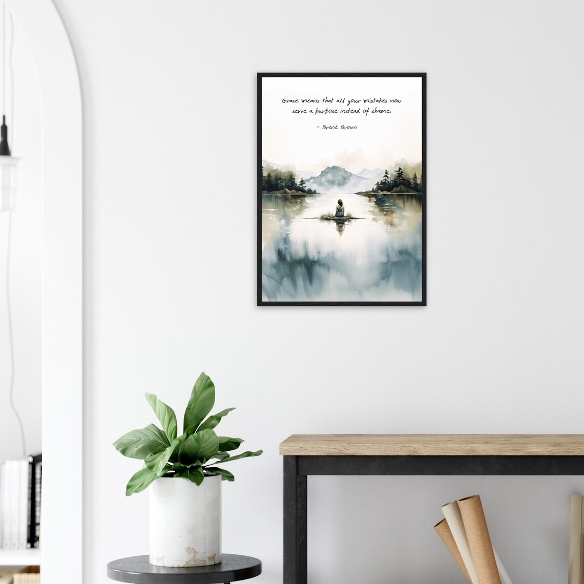 Brene Brown Grace Quote Misty Lake Woman Mountains Reflection Poster - Image 2