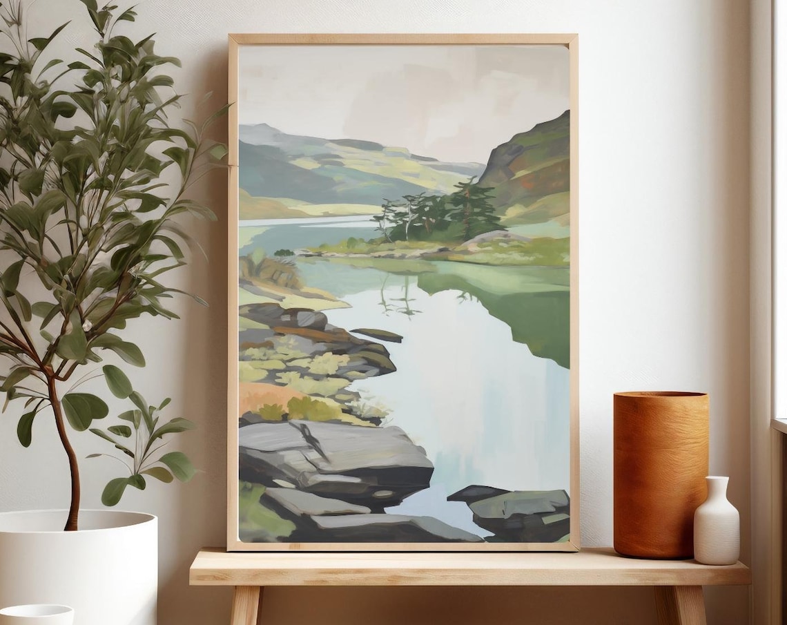 Mountain Lake Rocky Shore Painting Green Hills Tranquil Water Poster