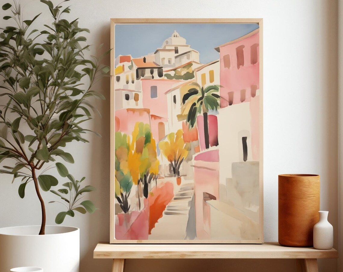 Greek Island Old Town Painting Pink Street Palm Trees Sunny Poster