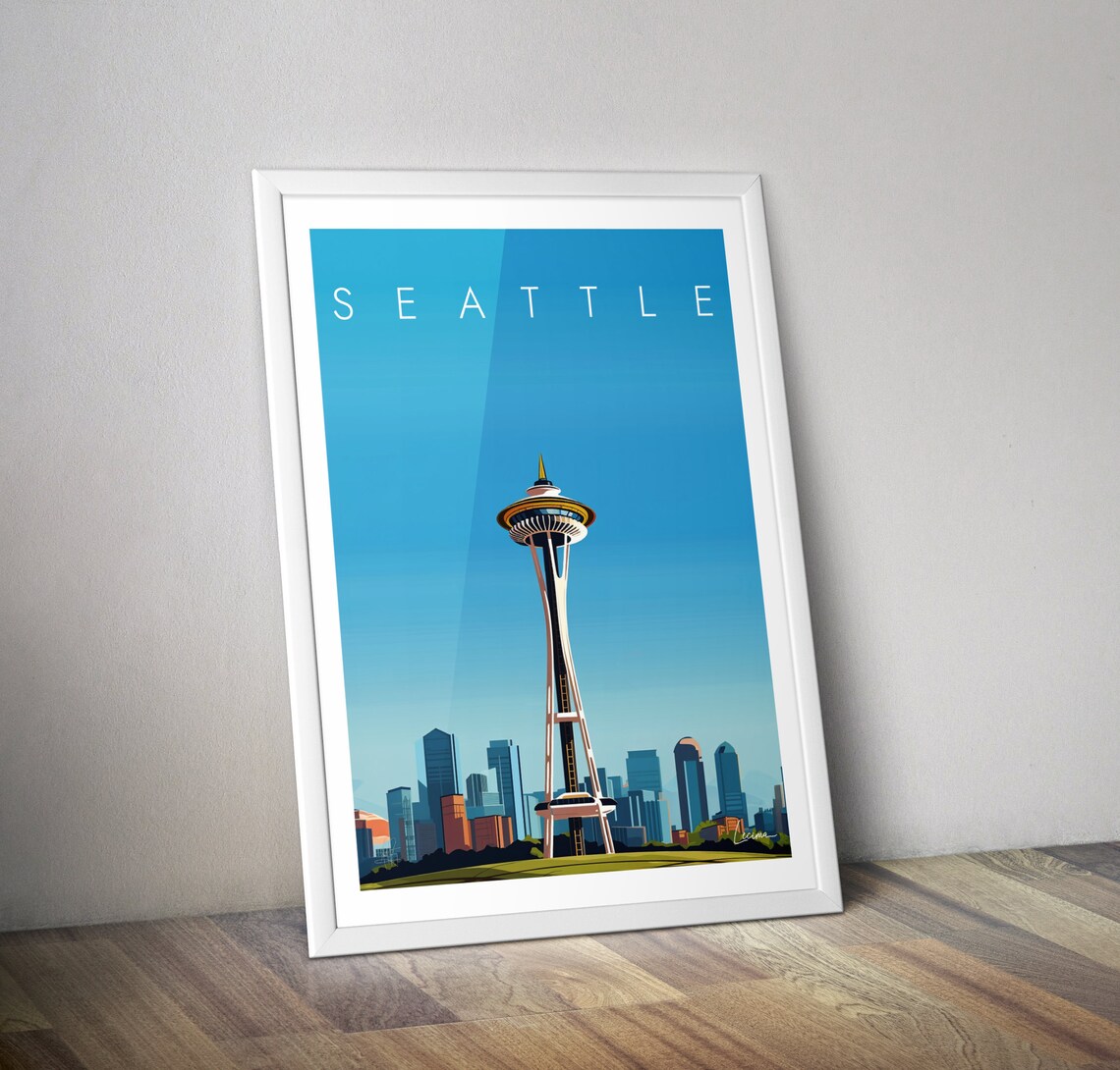 Seattle USA Travel Poster Space Needle Skyline Minimalist Retro City Art