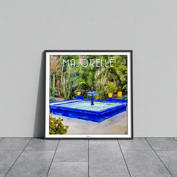 Majorelle Cobalt Blue Square Fountain Basin Watercolor Poster