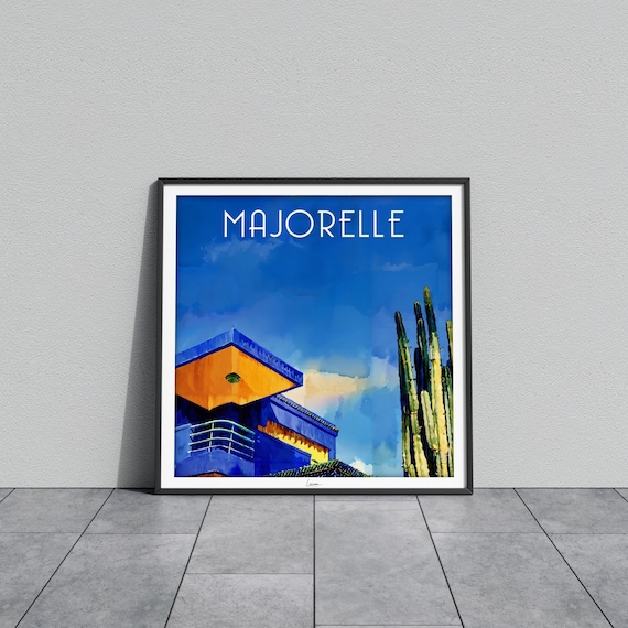 Majorelle Blue House Corner Orange Awning Tall Cactus Poster