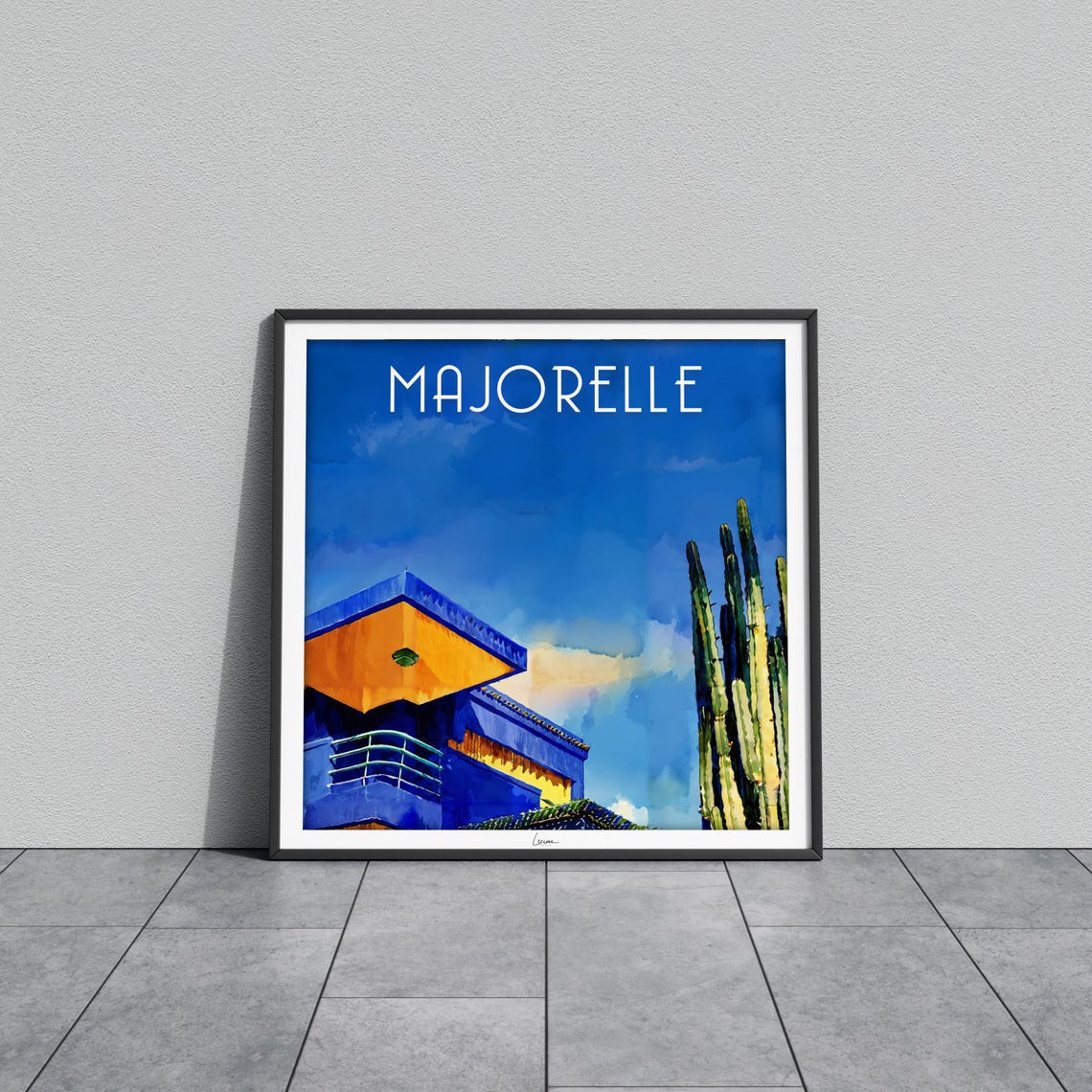 Majorelle Blue House Corner Orange Awning Tall Cactus Poster