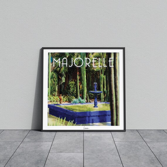 Majorelle Blue Fountain Tall Palm Trees Garden Watercolor Poster