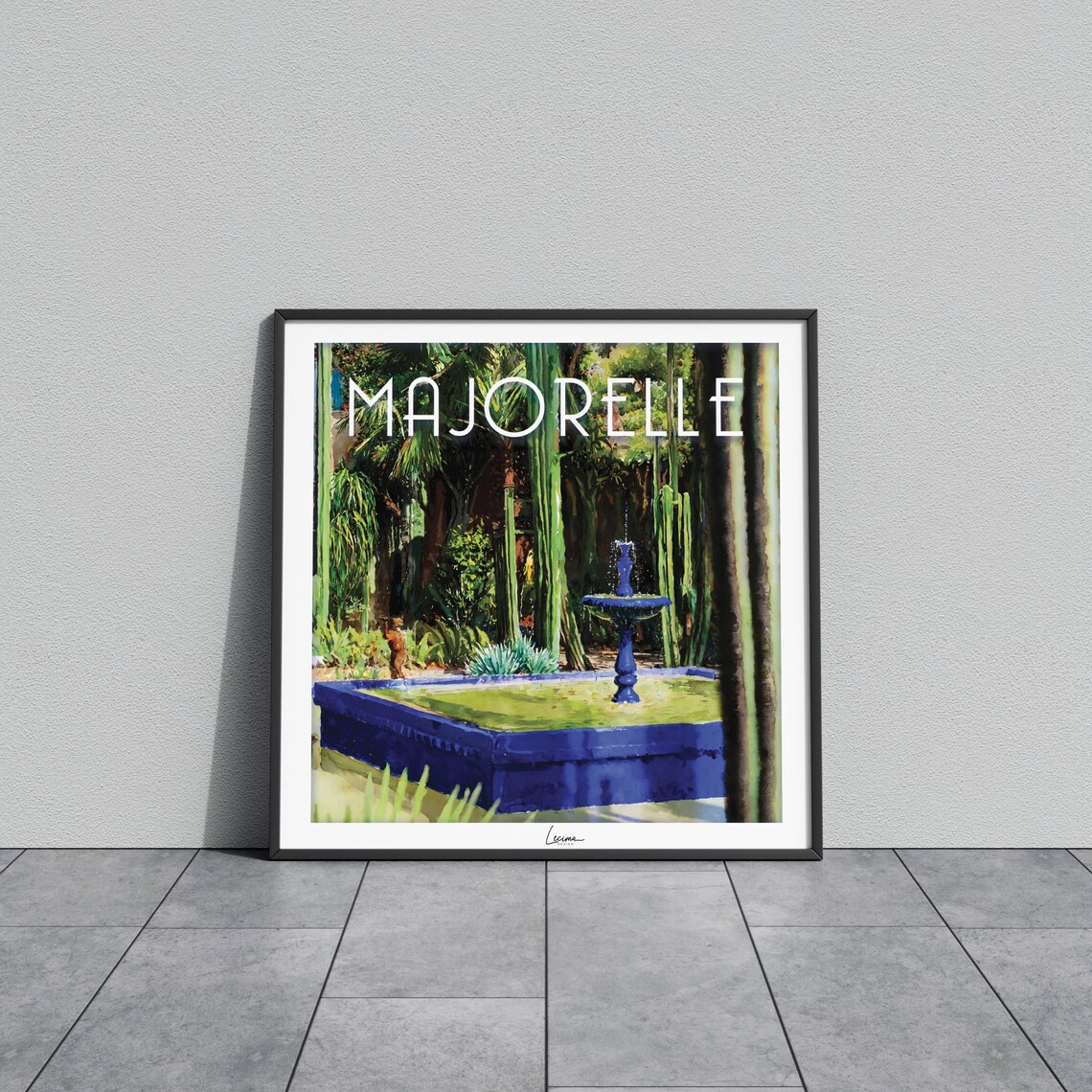 Majorelle Blue Fountain Tall Palm Trees Garden Watercolor Poster