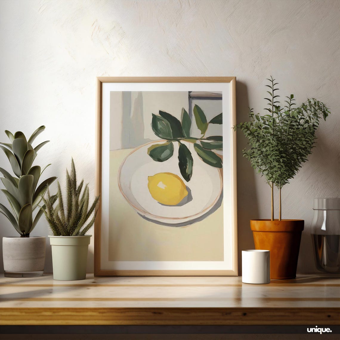 Lemon on Plate With Green Leaves Soft Still Life Kitchen Art Print
