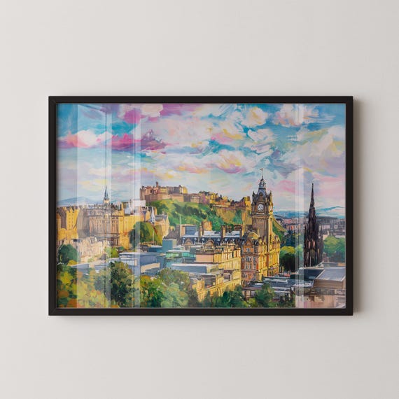 Edinburgh Skyline Oil Painting Art Print Scotland Castle Poster Panoramic View Wall Decor Travel Gift