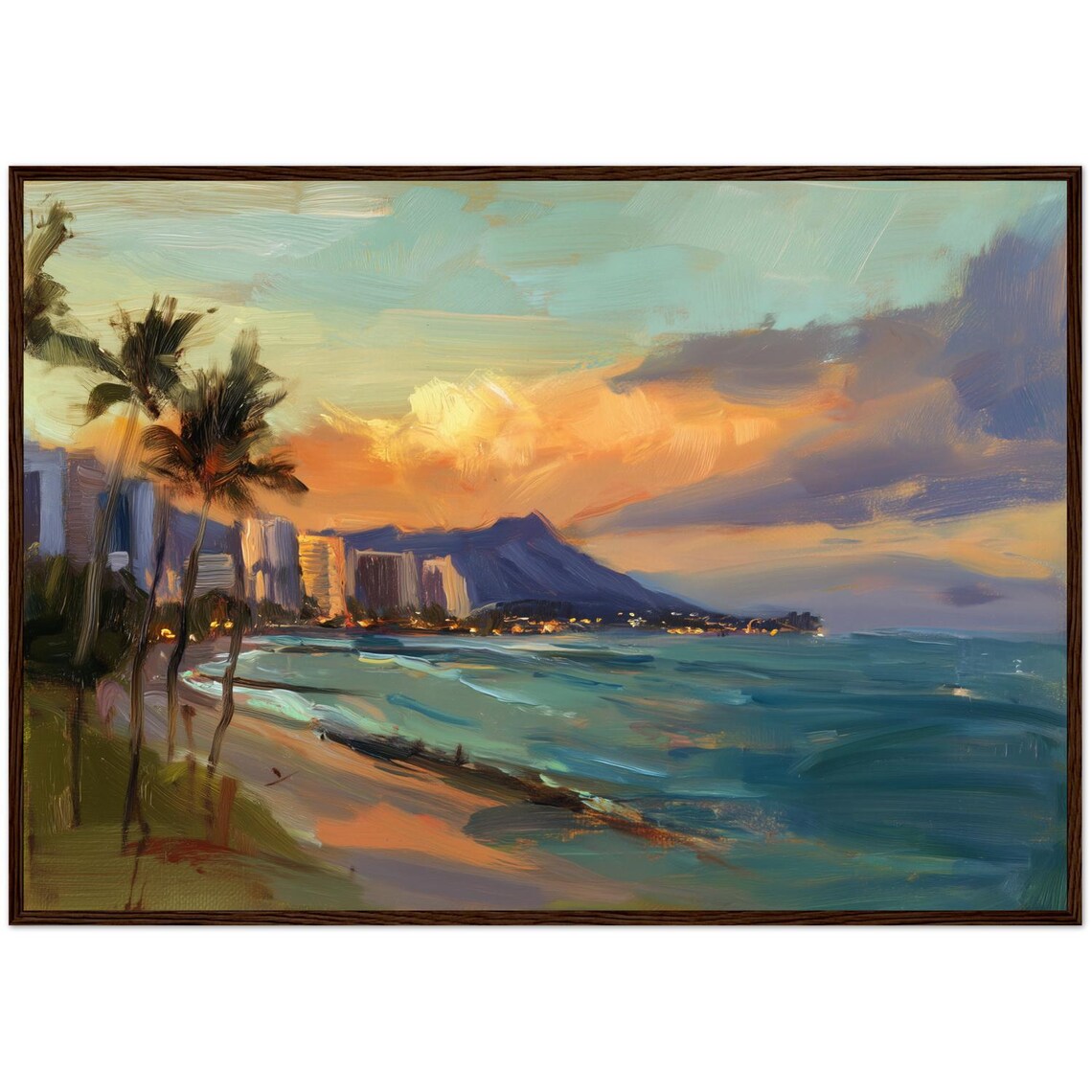 Hawaii Queens Beach Sunset Oil Painting Art Print