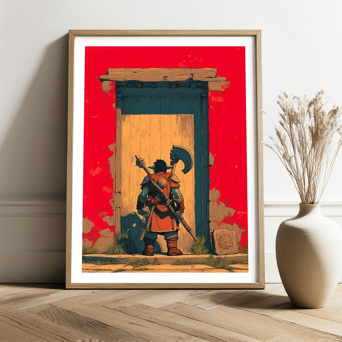 Dwarf Warrior At The Forbidden Door Dark Fantasy Poster Axe Art