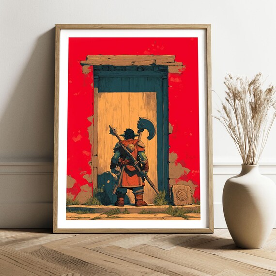 Dwarf Warrior At The Forbidden Door Dark Fantasy Poster Axe Art