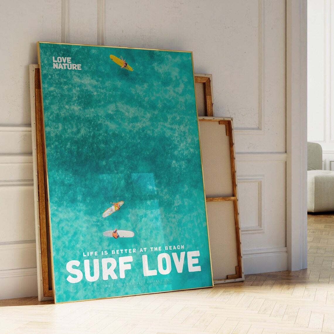 Surf Love Aerial Teal Sea Three Paddleboarders Ocean Water Poster
