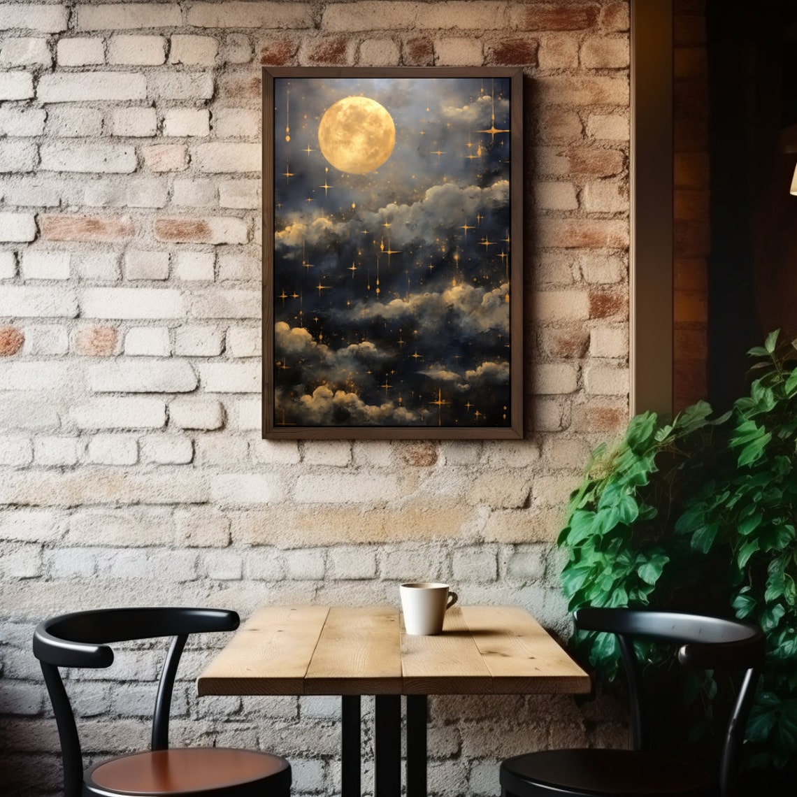 Vintage Night Sky Print Full Moon Oil Painting Cloudy Evening Wall Art Lunar Celestial Artwork Moody Starry Dark Academia Decor - Image 2