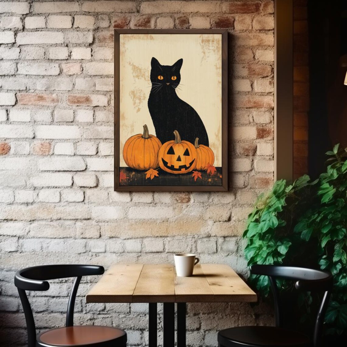 Black Cat with Amber Eyes Pumpkins and Jack O Lantern Halloween Poster - Image 2