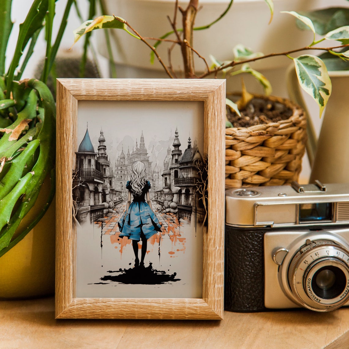 Alice Medieval Wonderland Print Dark City Girl Wall Art Gothic Watercolor Ink Painting New Home Gift Fantasy Poster Cityscape - Image 2