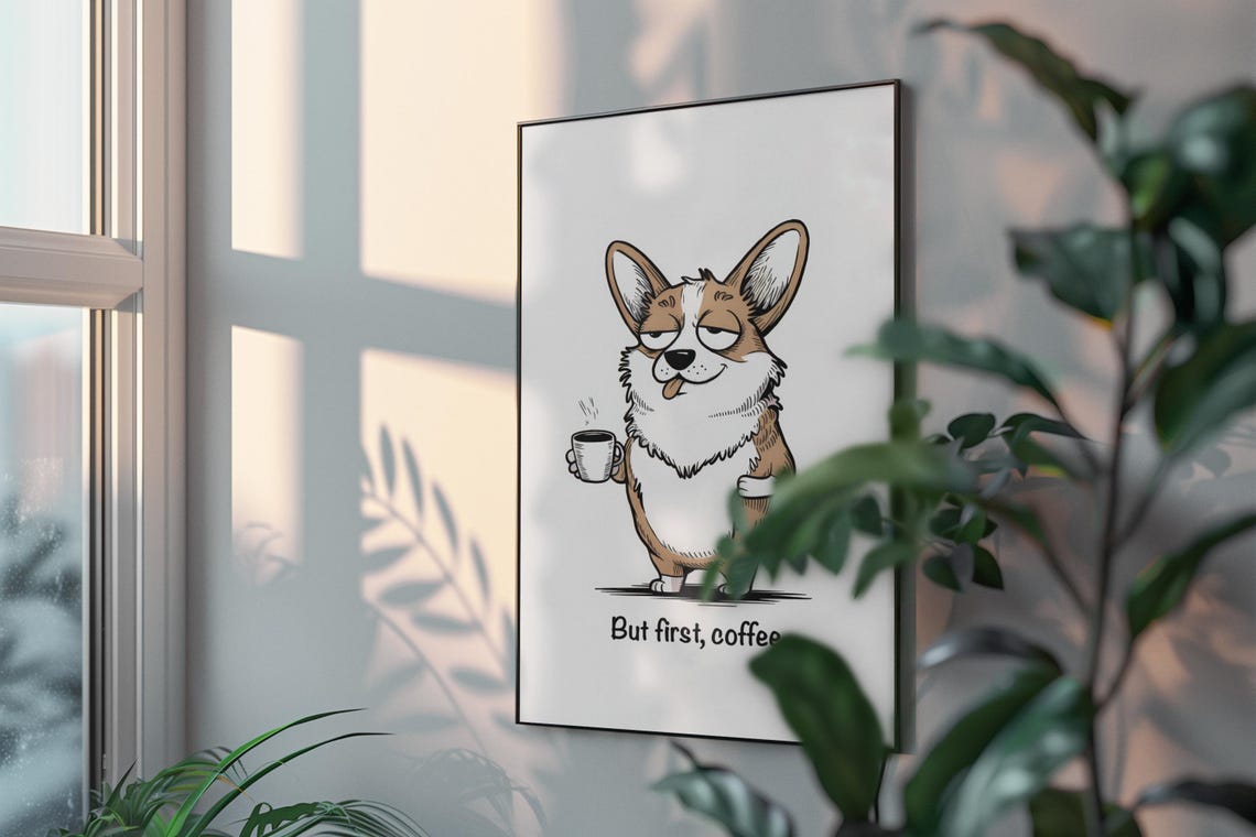 But First Coffee Grumpy Corgi Cartoon Dog Lover Gift Wall Poster - Image 3