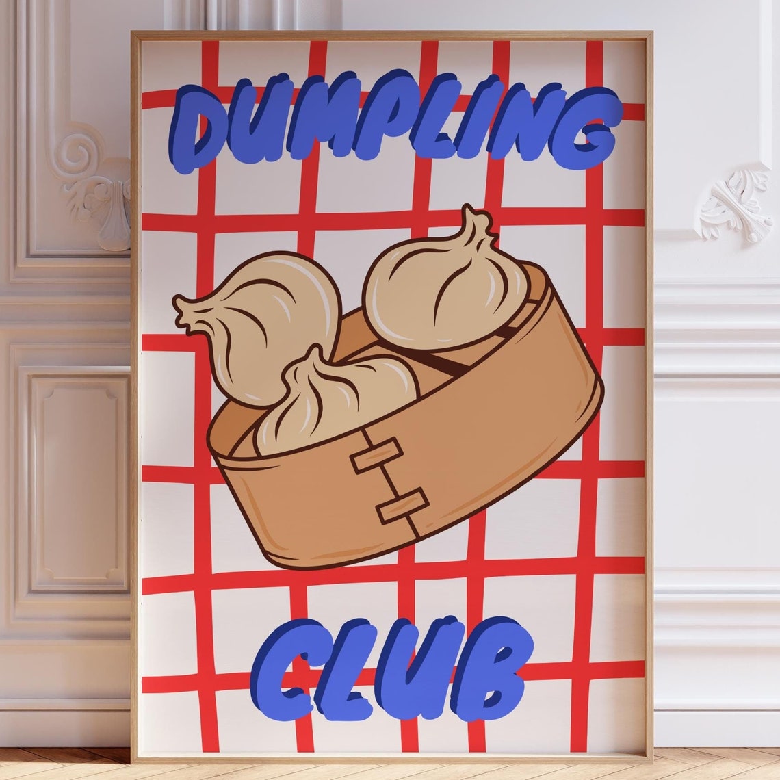Cute Dumpling Club Poster with Steamer Basket on Red Checkered Grid - Image 2