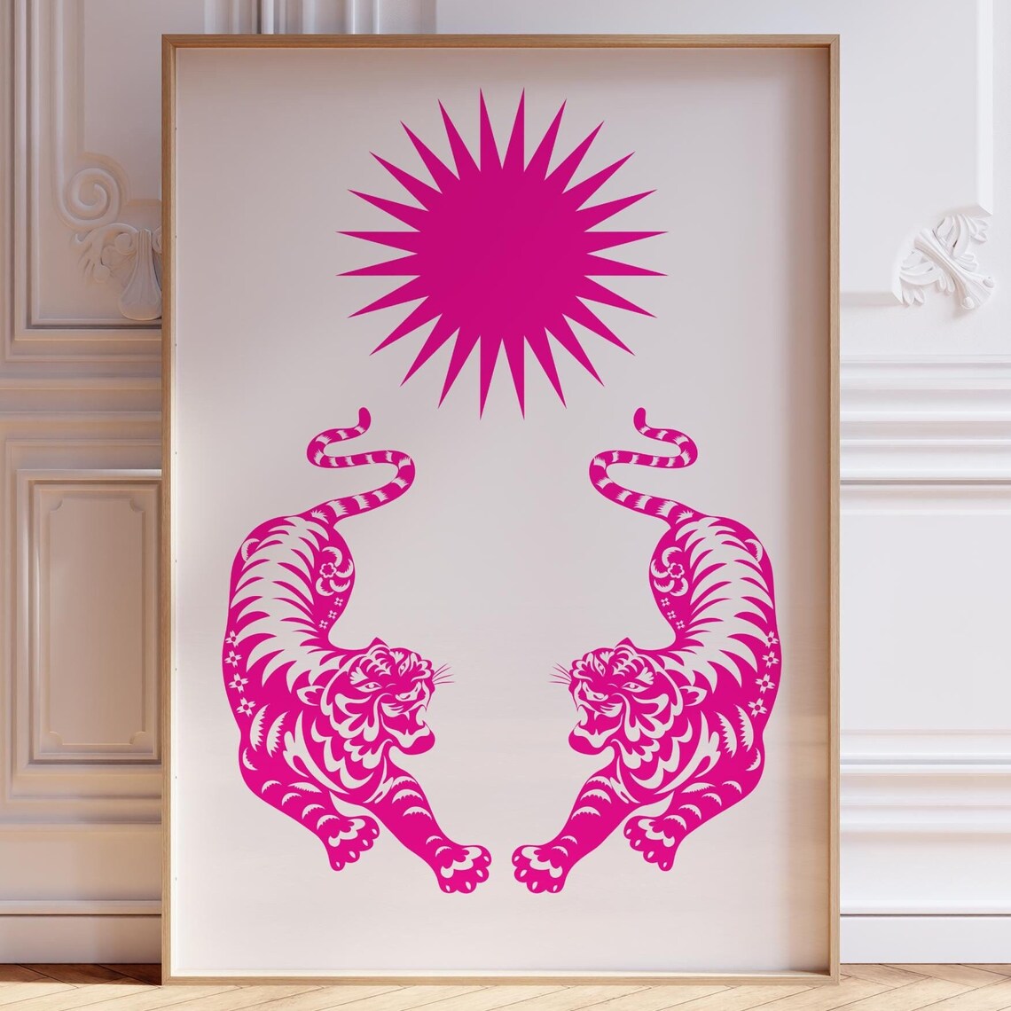 Twin Pink Tigers Spiky Sun Minimalist Bold Animal Art Poster