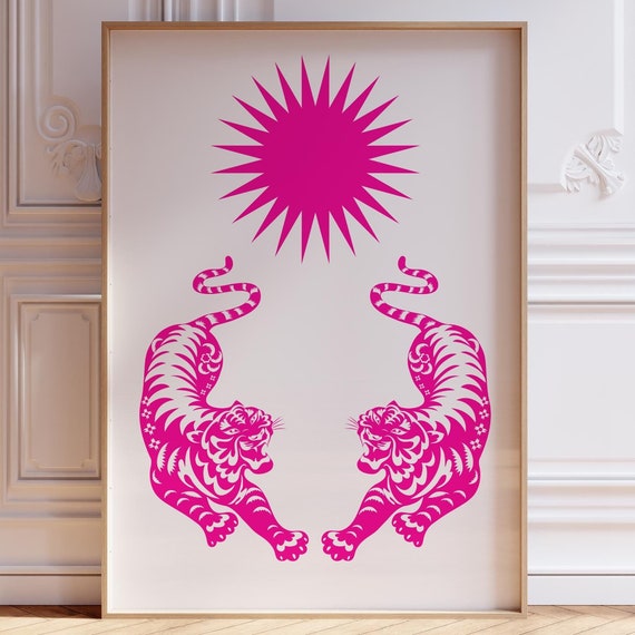 Tiger Sun Print Retro Minimalist Tiger Poster Bold Pink Tiger Wall Art Illustration