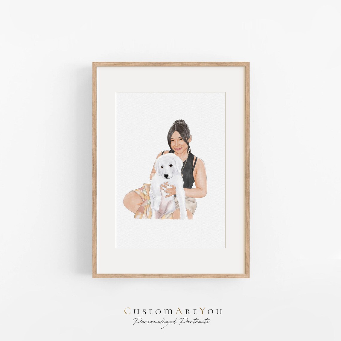 Two Women with Happy Pug Dog Custom Watercolor Portrait Poster - Image 3