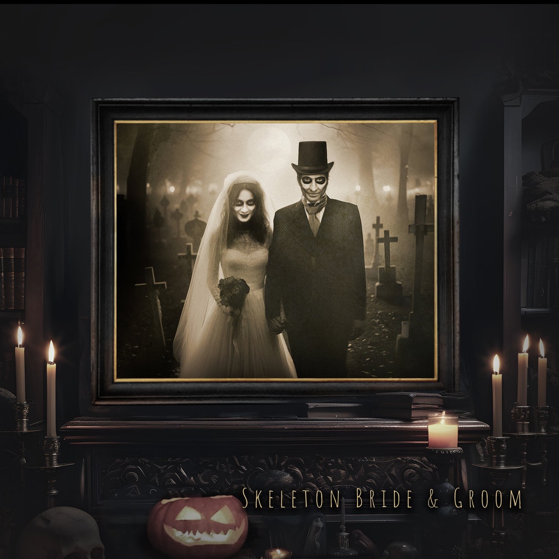 Custom Haunted Couple Portrait With Ghosts Halloween Sepia Art Poster - Image 2