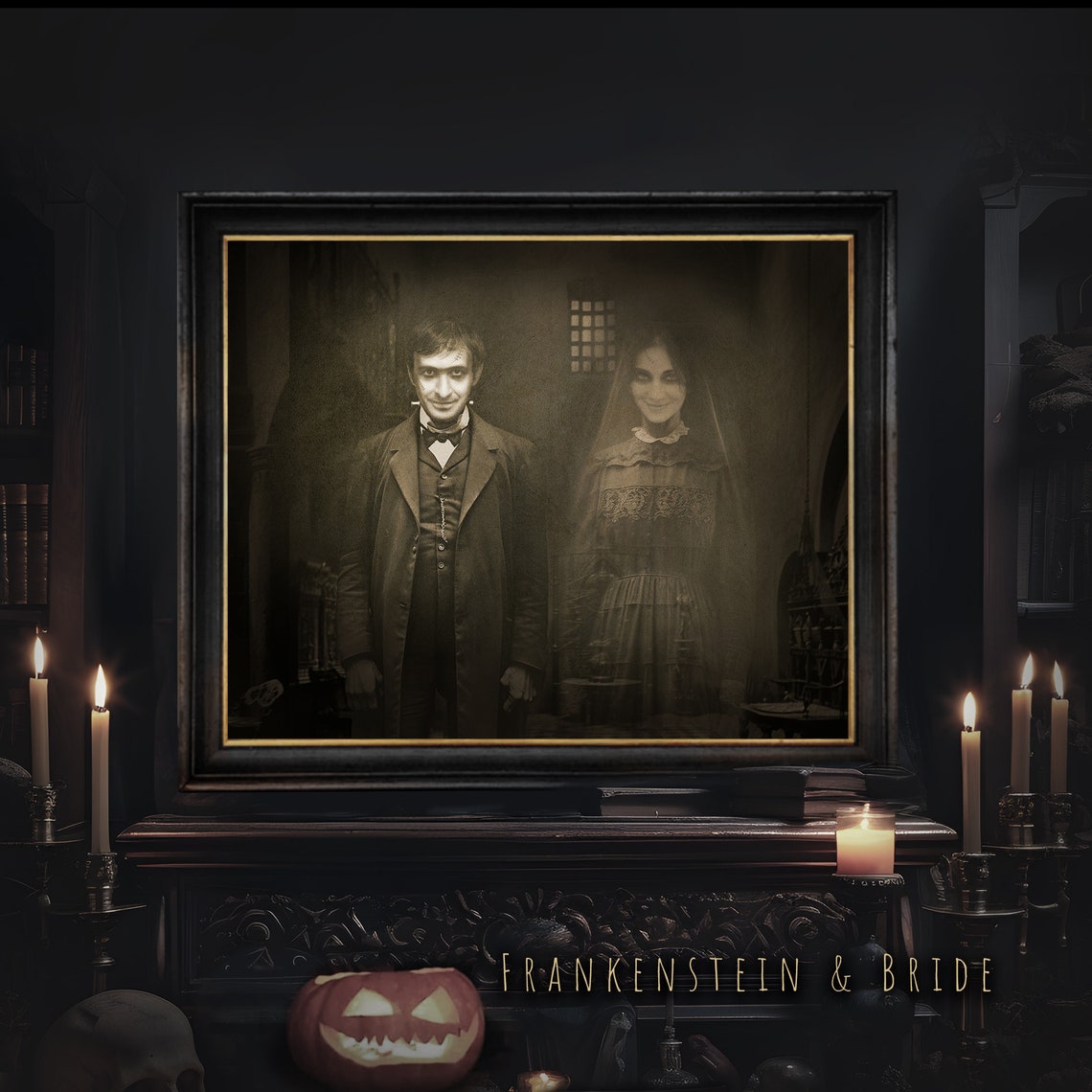 Dark Gothic Halloween Couple Portrait Red Coat Witch Victorian Poster - Image 3