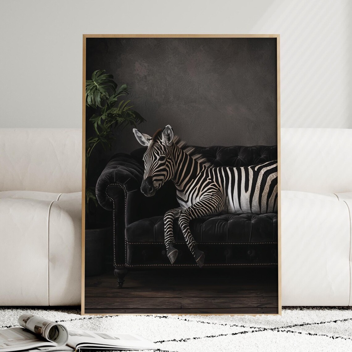 Zebra Lounging On Black Velvet Chesterfield Sofa Funny Art Poster