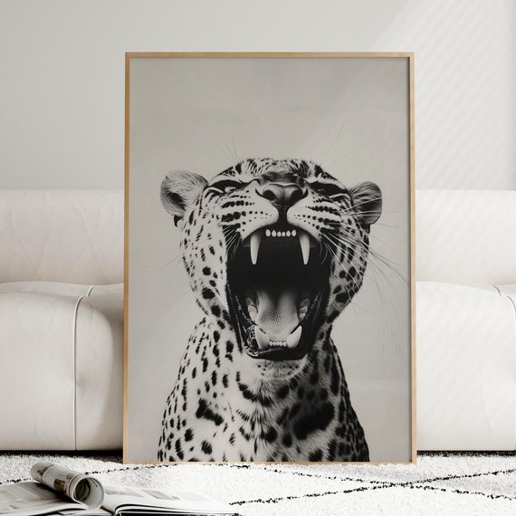 Leopard Roar Art Print, Black And White Animal Decor