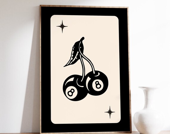 Retro 8 Ball Cherries Poster, Funky Trendy Aesthetic