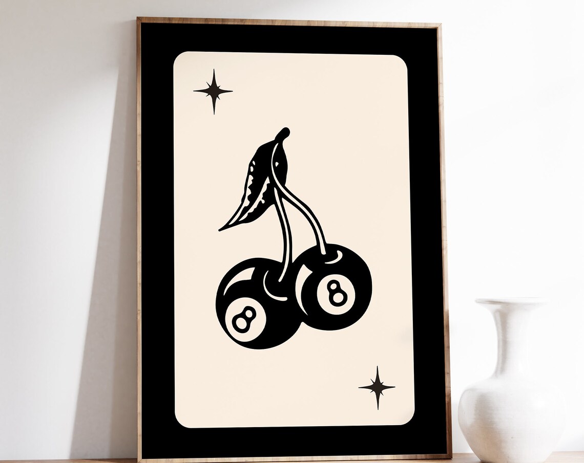 Retro 8 Ball Cherries Poster, Funky Trendy Aesthetic