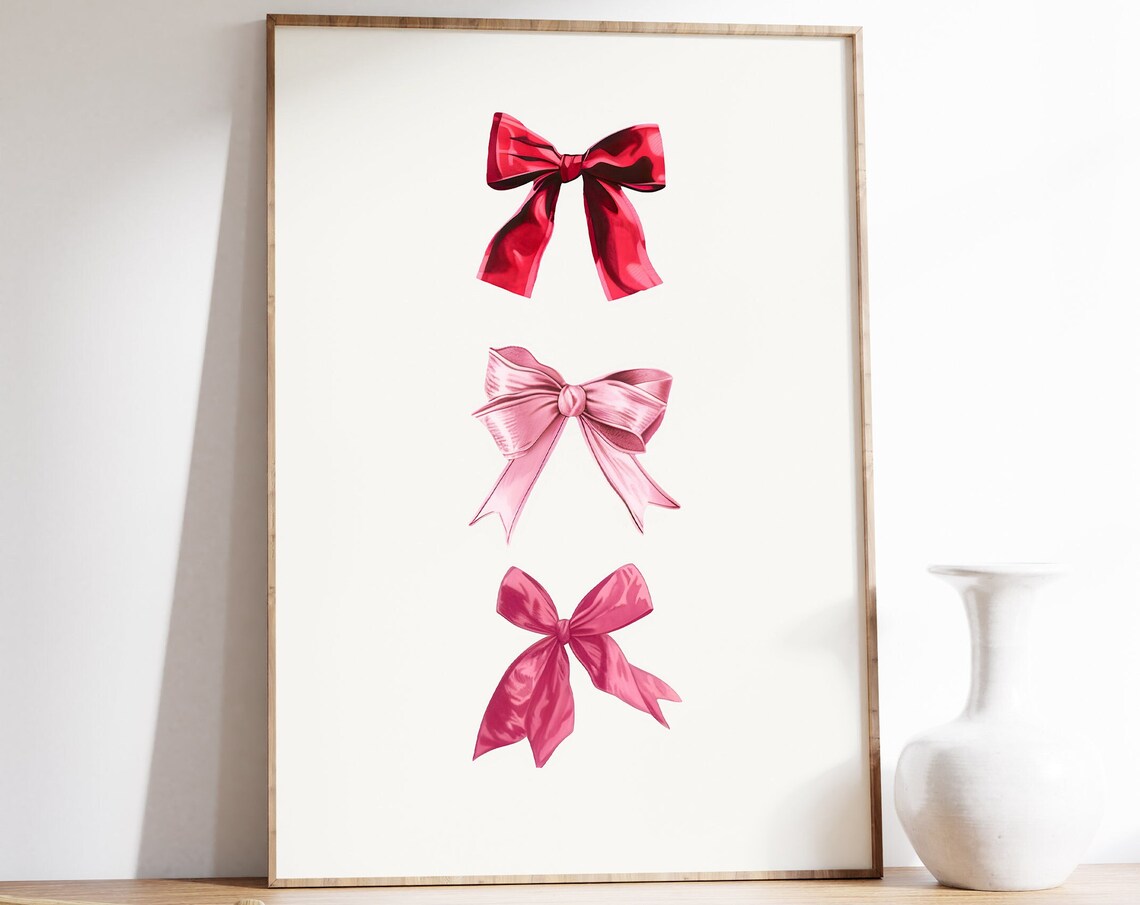 Three Glossy Pink and Red Satin Ribbon Bows Coquette Style Poster