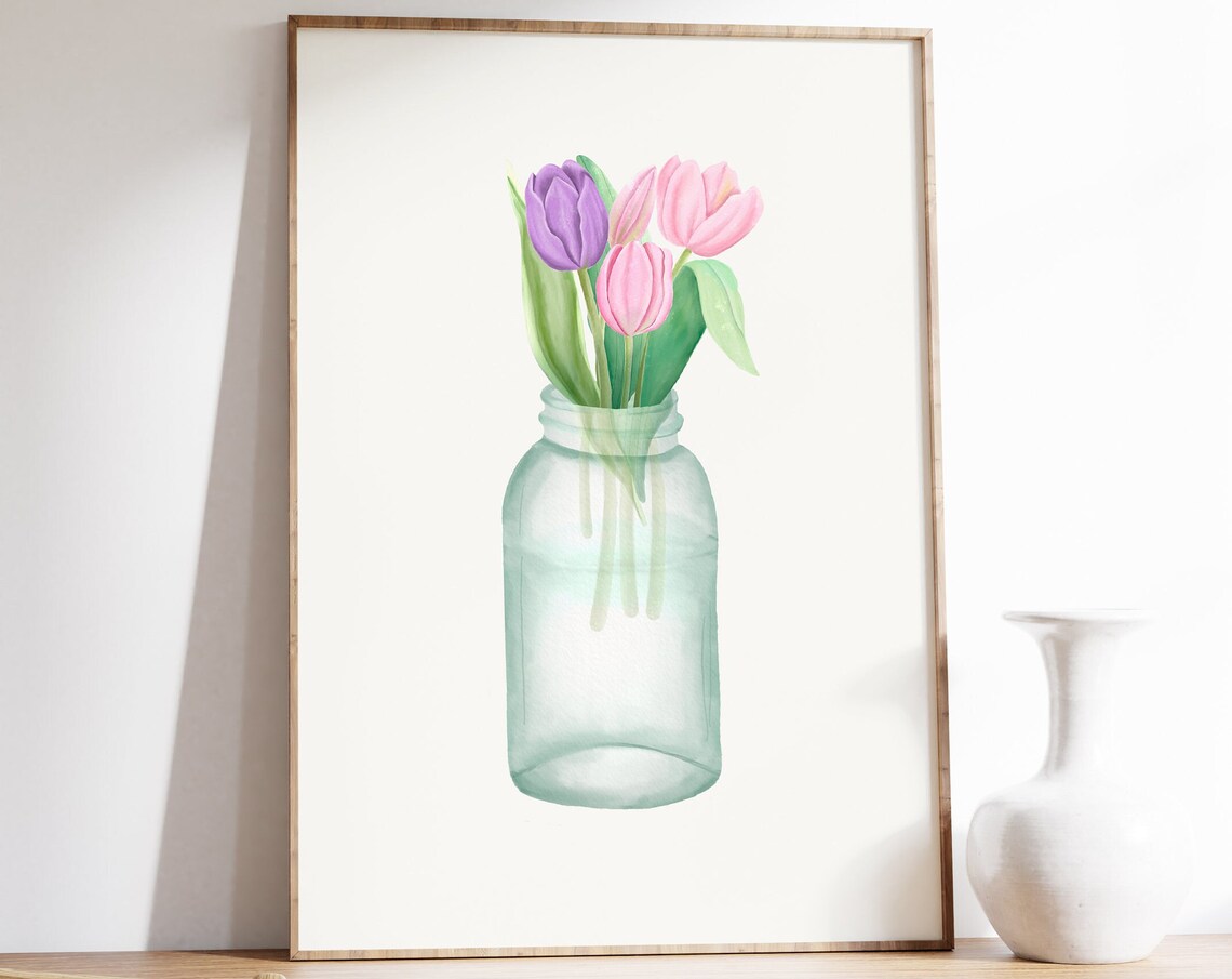 Blush Tulips in Mason Jar Watercolor Botanical Floral Wall Poster - Image 4