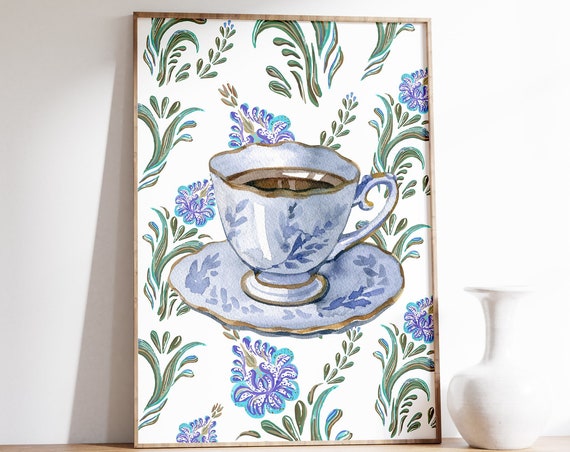 Coffee With Grandma Print Antique Coffee Cup Wall Art Abstract Vintage Painting Cottagecore Kitchen Decor Coffee Corner Art