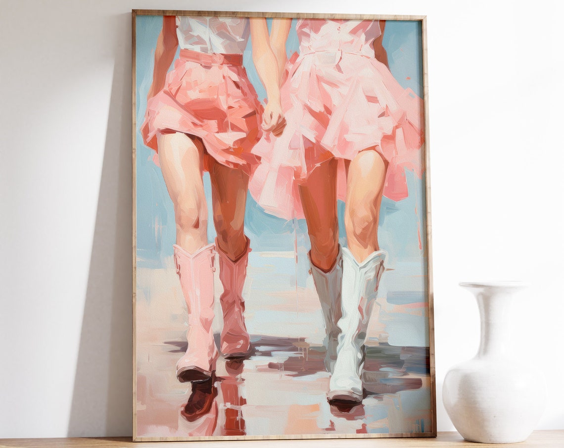 Pink Cowgirl Boots Print Preppy Wall Art Coastal Cowgirls Print Pink Boots Painting Modern Western Girl Room Wall Art Retro Cowgirl Art