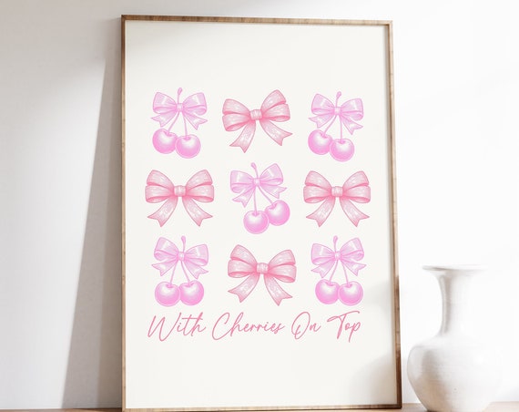 Pink Coquette Decor Coquette Cherry And Bow Prints Soft Aesthetic Art Girly Wall Art Preppy Apartment Decor Ma Cherie Art