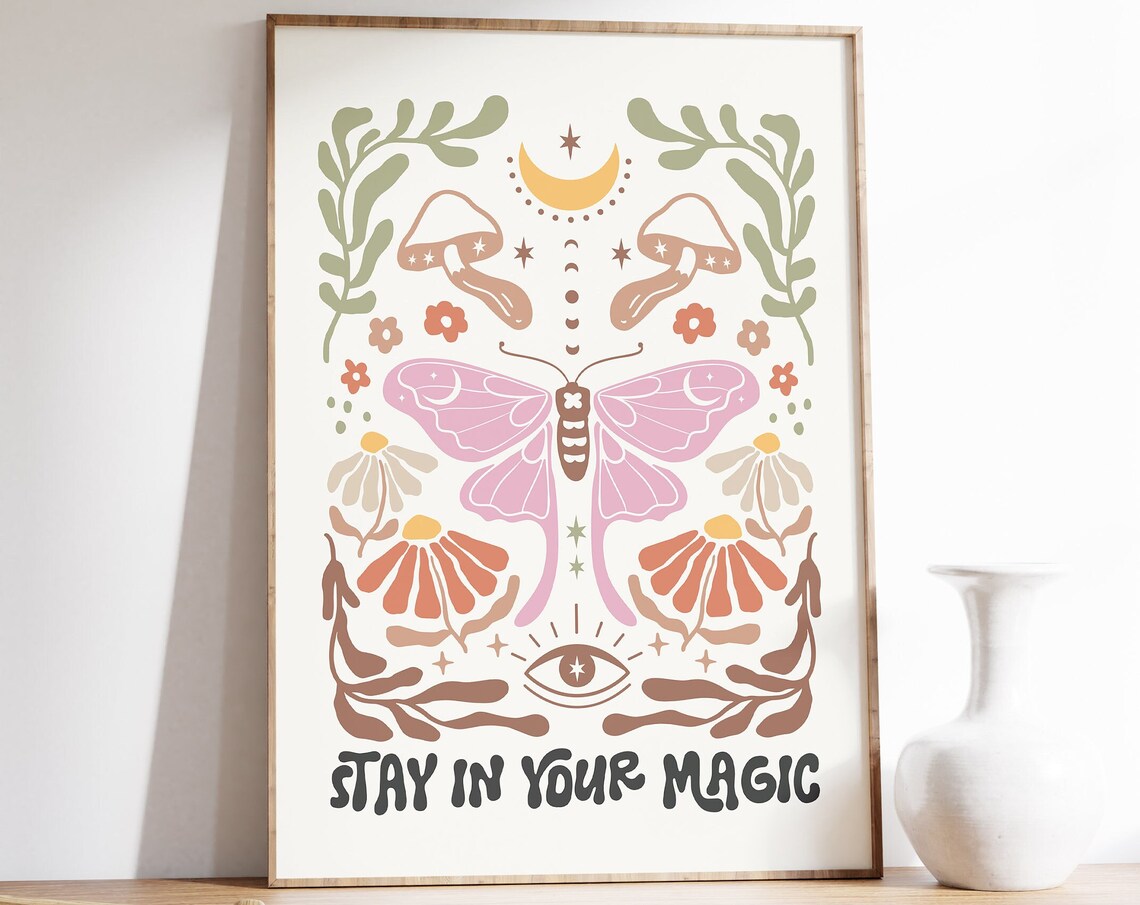 Stay in Your Magic Pink Moth Celestial Boho Floral Quote Poster
