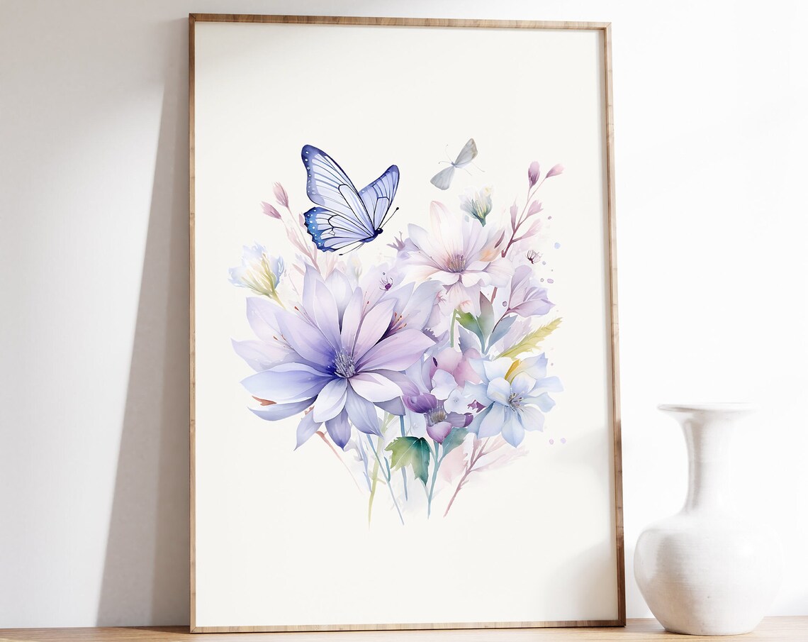 Soft Lavender Blossoms with Butterflies Watercolor Botanical Poster - Image 4