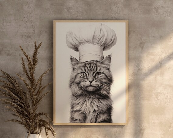 Tabby Cat Wearing Chef Hat Monochrome Kitchen Portrait Poster