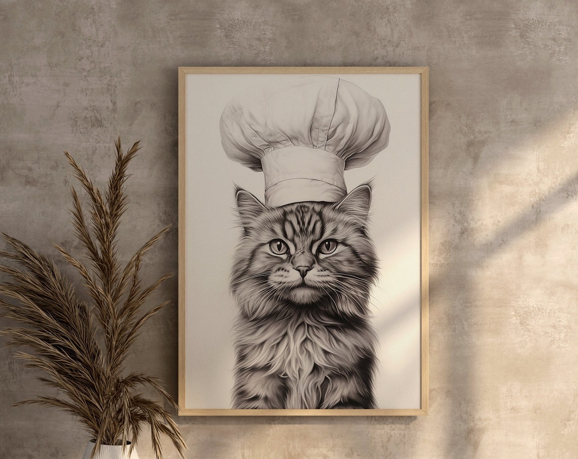 Tabby Cat Wearing Chef Hat Monochrome Kitchen Portrait Poster
